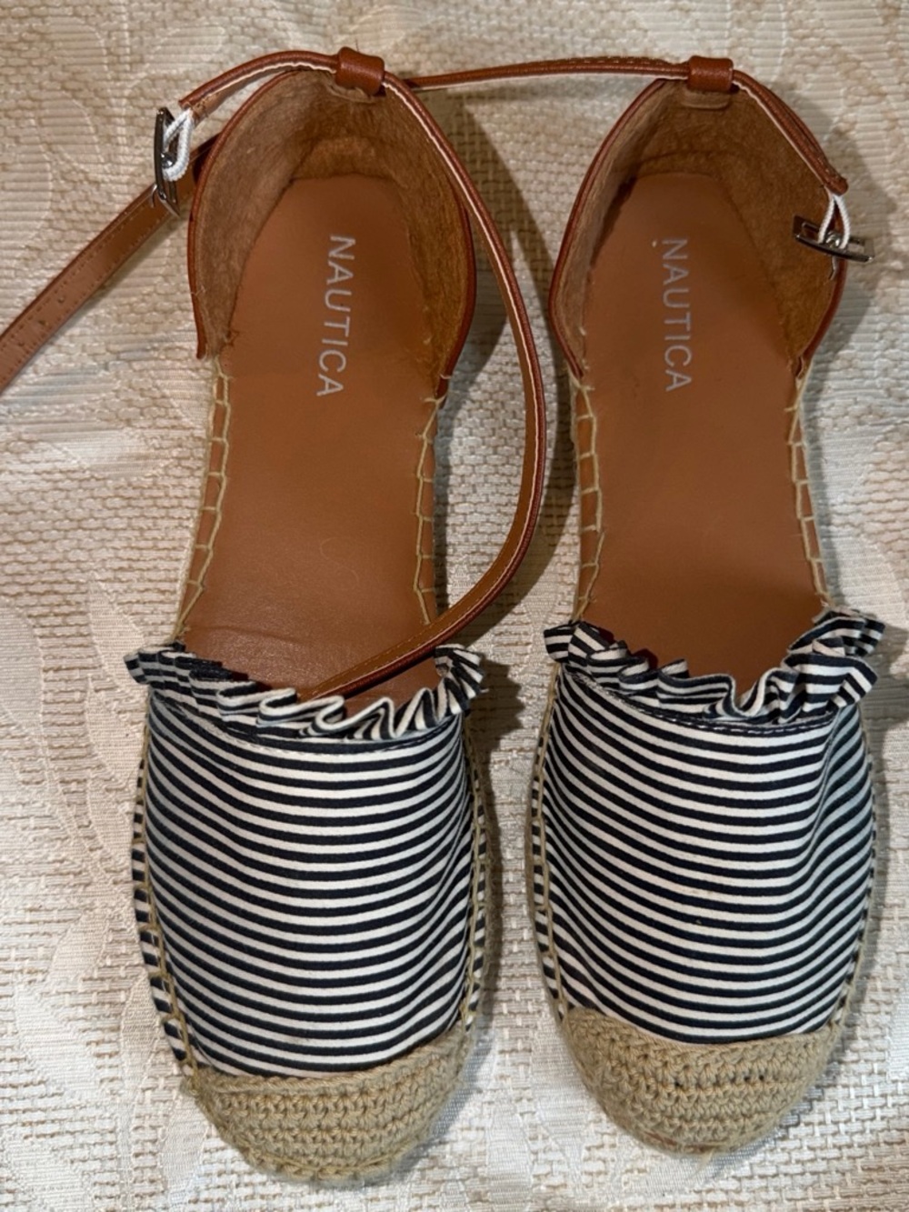 Nautica Black & White Striped Ruffle Espadrilles with Brown Ankle Straps